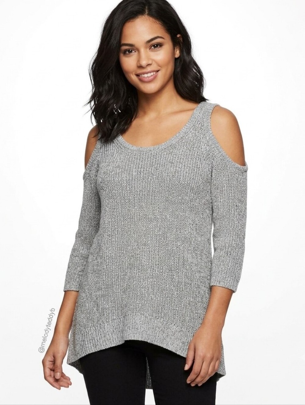 Express Gray Cold Shoulder Cotton Knit Sweater Size XS High Low Scoop Neck